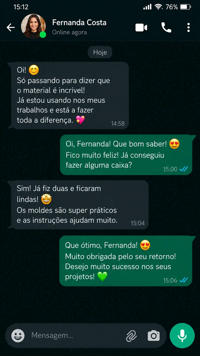 Exemplo ilustrativo de conversa no WhatsApp (simulação criada por IA)