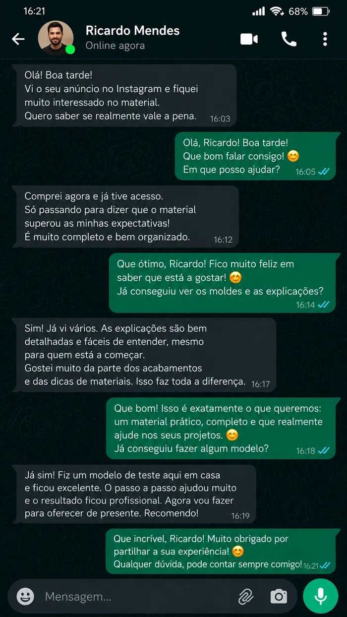 Exemplo ilustrativo de conversa no WhatsApp (simulação criada por IA)