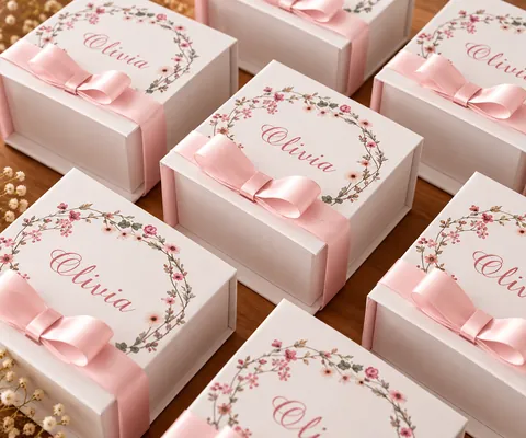 Caixinhas de lembrancinha personalizadas com laço rosa