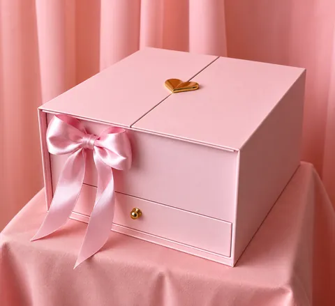 Caixa rosa com portas, gaveta e laço